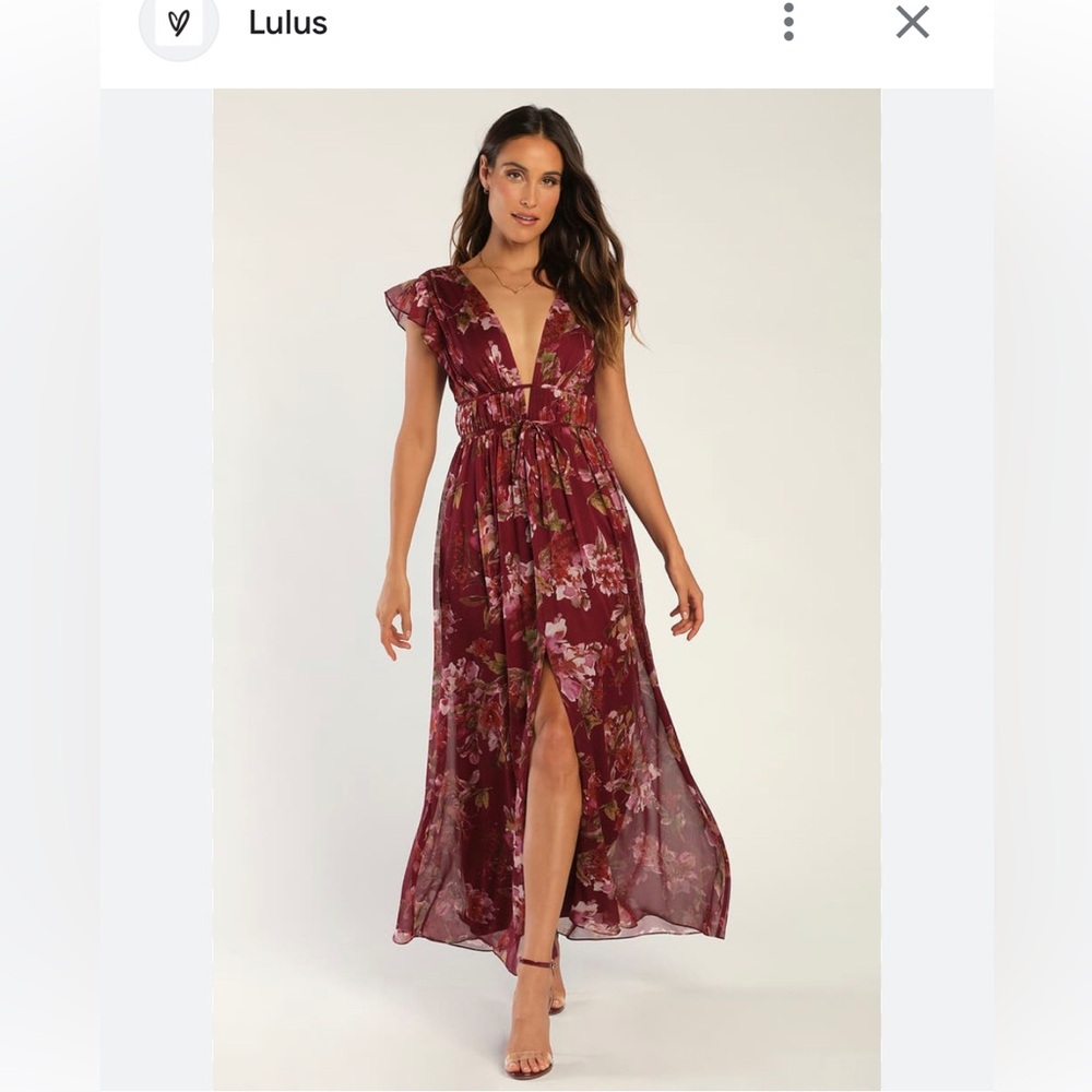 Lulus burgundy floral print ruffled maxi dress